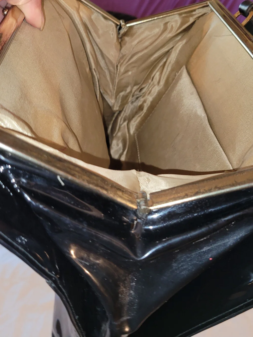 Vintage Mid-Century Black Patent Leather Purse W/ Gold Accents